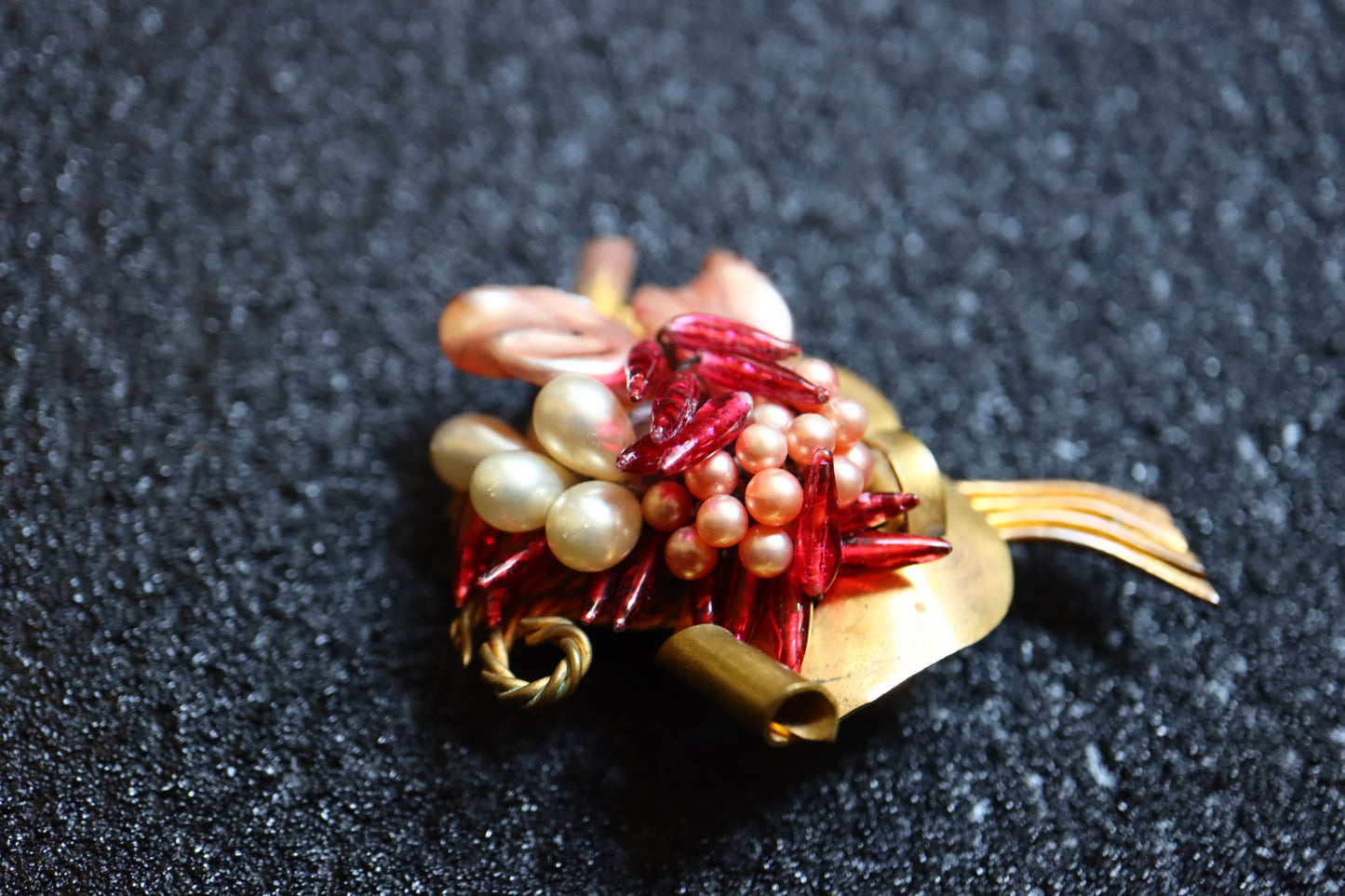 Vintage Louis Rousselet hand-crafted Glass Burgundy red faux pearls brooch