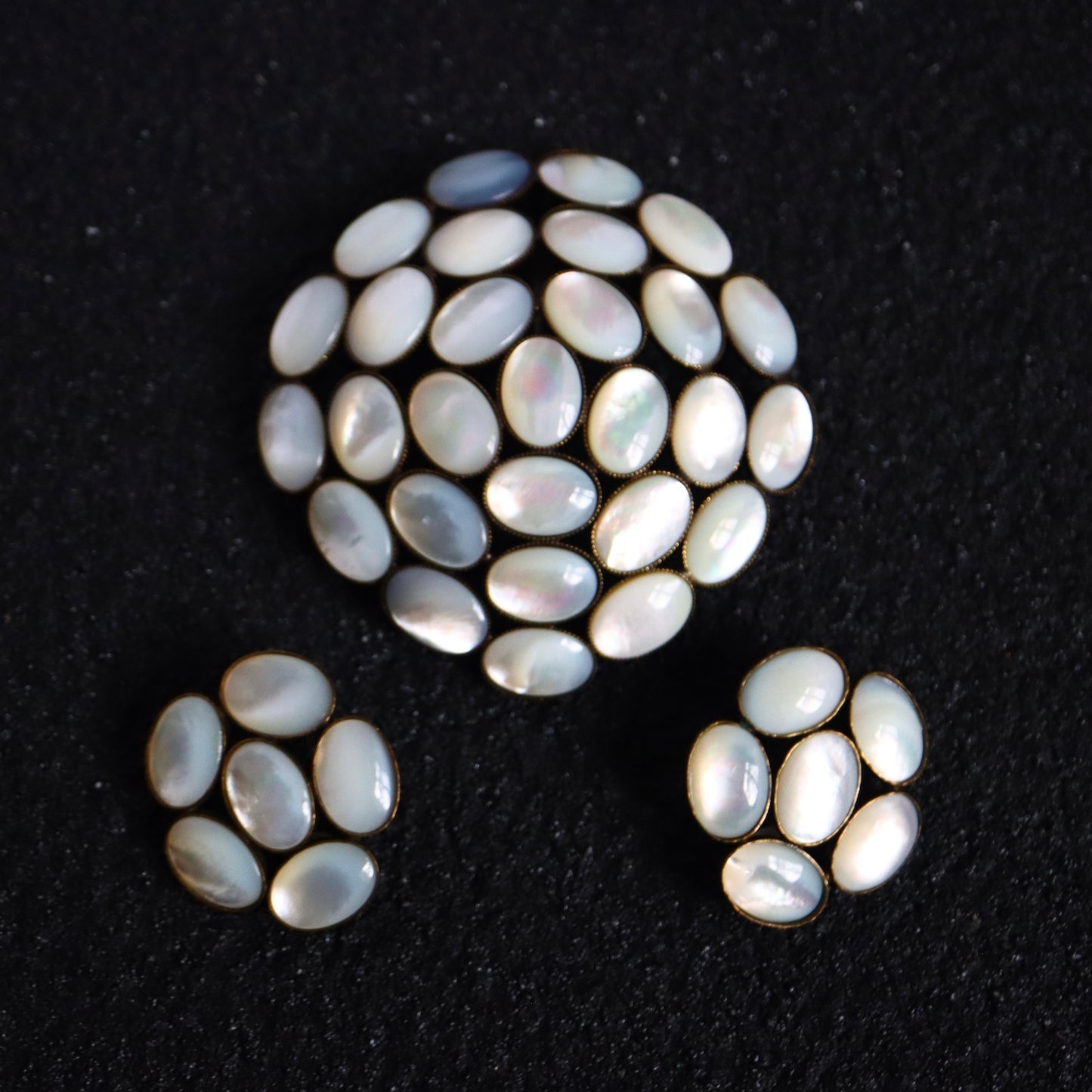 Vintage Philippe Ferrandis oversized mother of Pearl camilla brooch earrings set