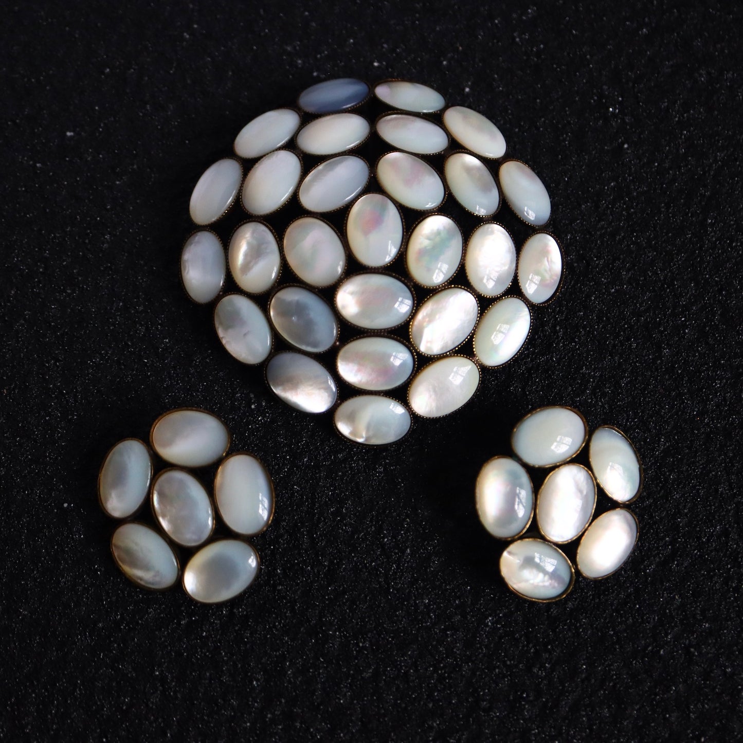 Vintage Philippe Ferrandis oversized mother of Pearl camilla brooch earrings set