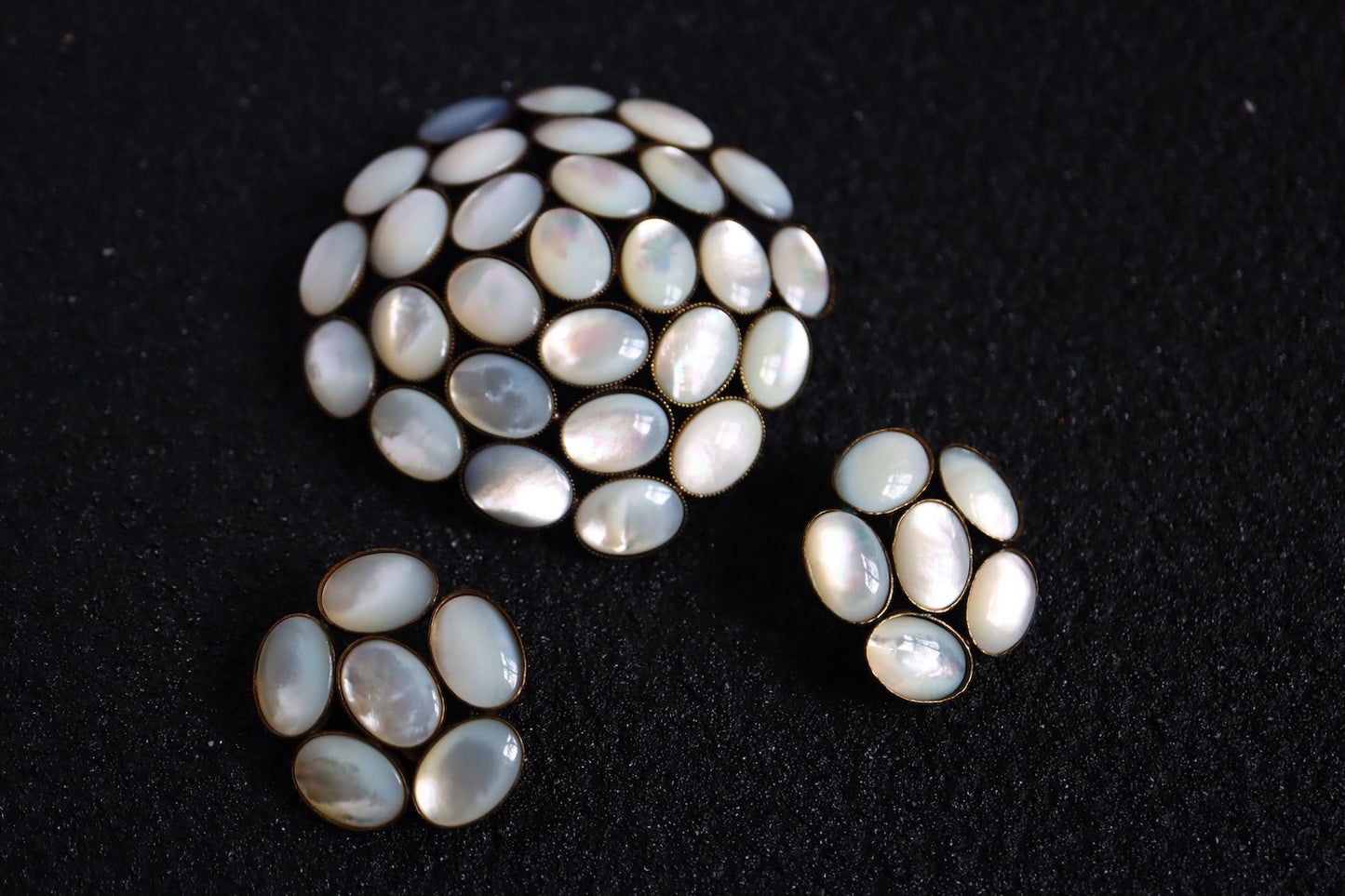 Vintage Philippe Ferrandis oversized mother of Pearl camilla brooch earrings set