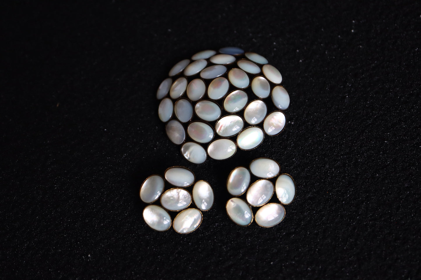 Vintage Philippe Ferrandis oversized mother of Pearl camilla brooch earrings set