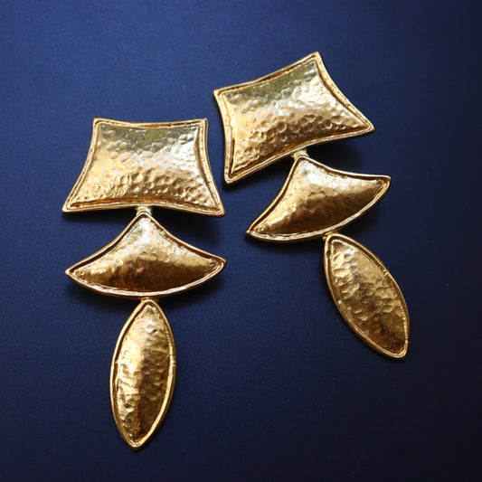 Vintage Yves Saint Laurent YSL textured geometrical gold-tone long clip-on earrings