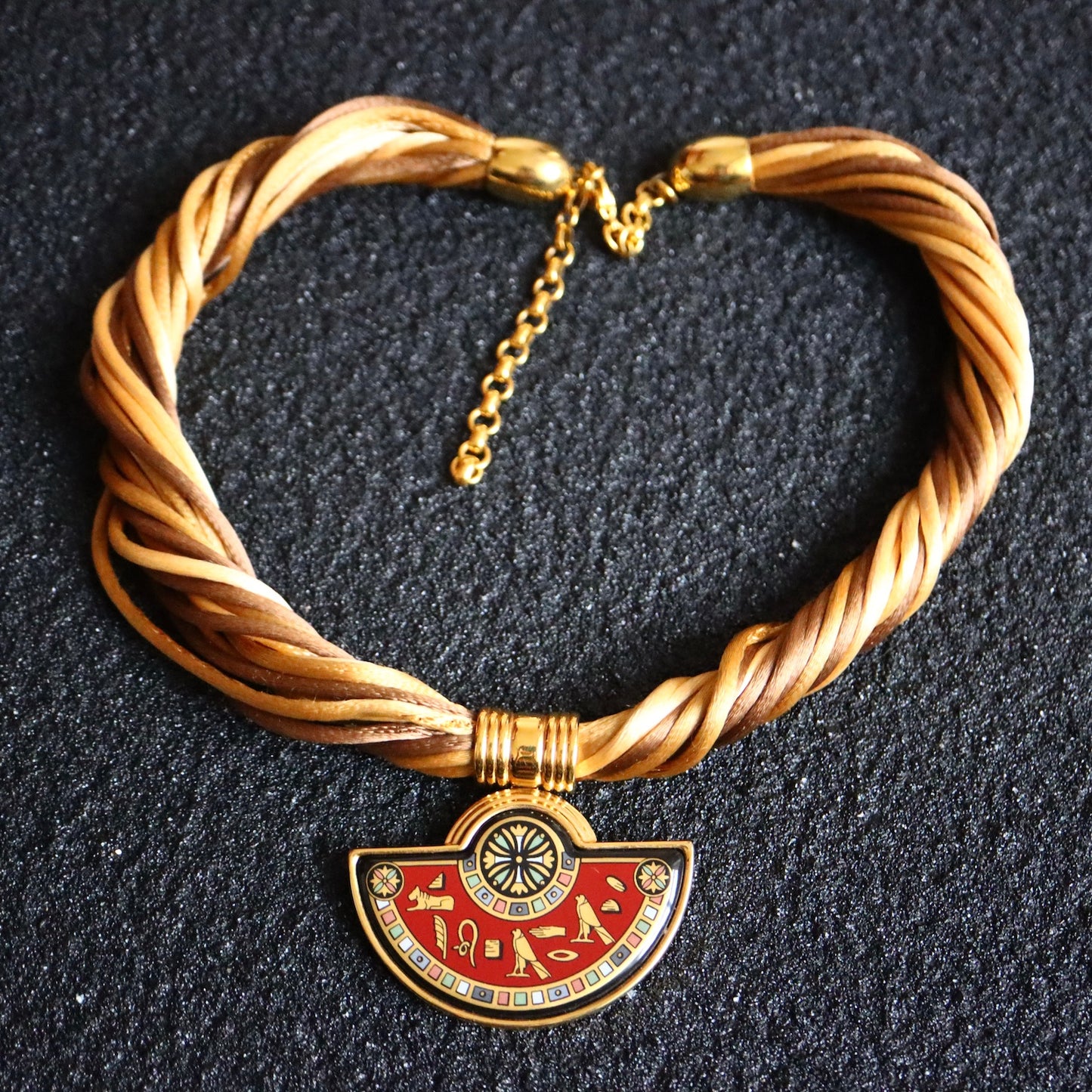 Vintage Michaela Frey Wille Egyptian hieroglyph enamel Burgundy Red Necklace