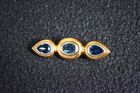 Vintage Yves Saint Laurent YSL blue rhinestone gold and sliver tone bar pin brooch
