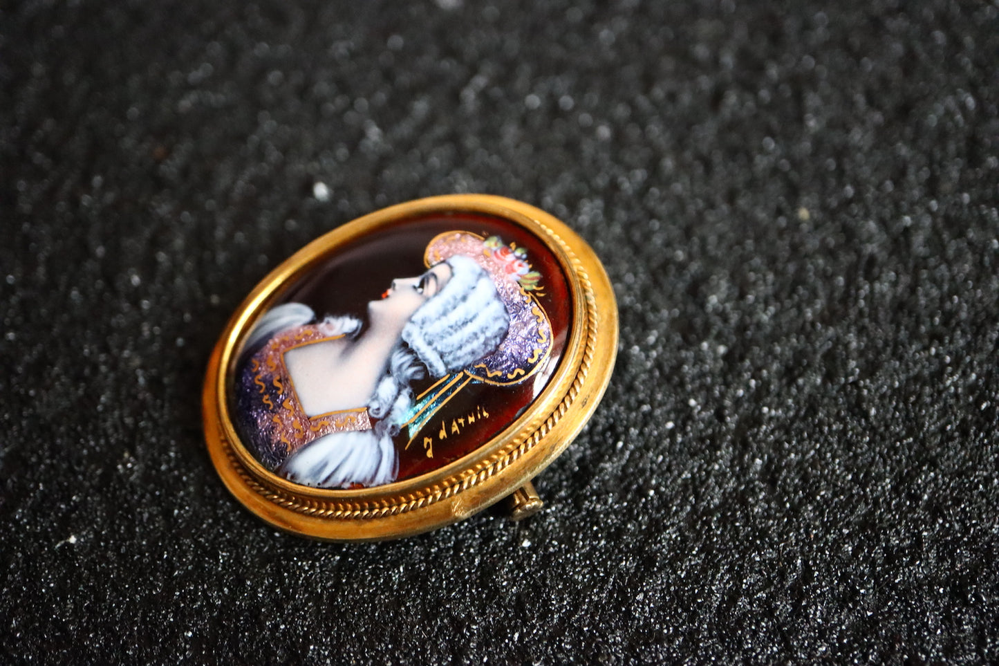 Vintage French silver portrait miniatures Limoges enamel Brooch