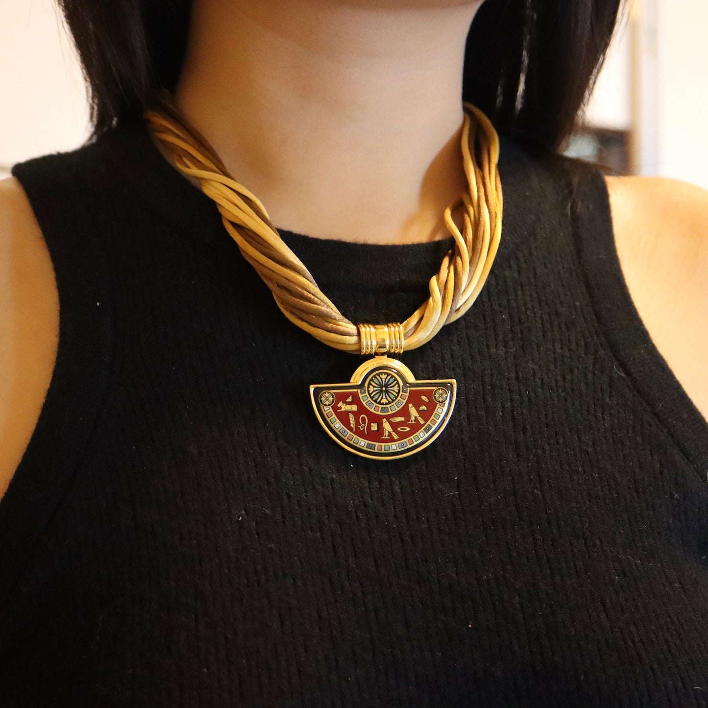 Vintage Michaela Frey Wille Egyptian hieroglyph enamel Burgundy Red Necklace