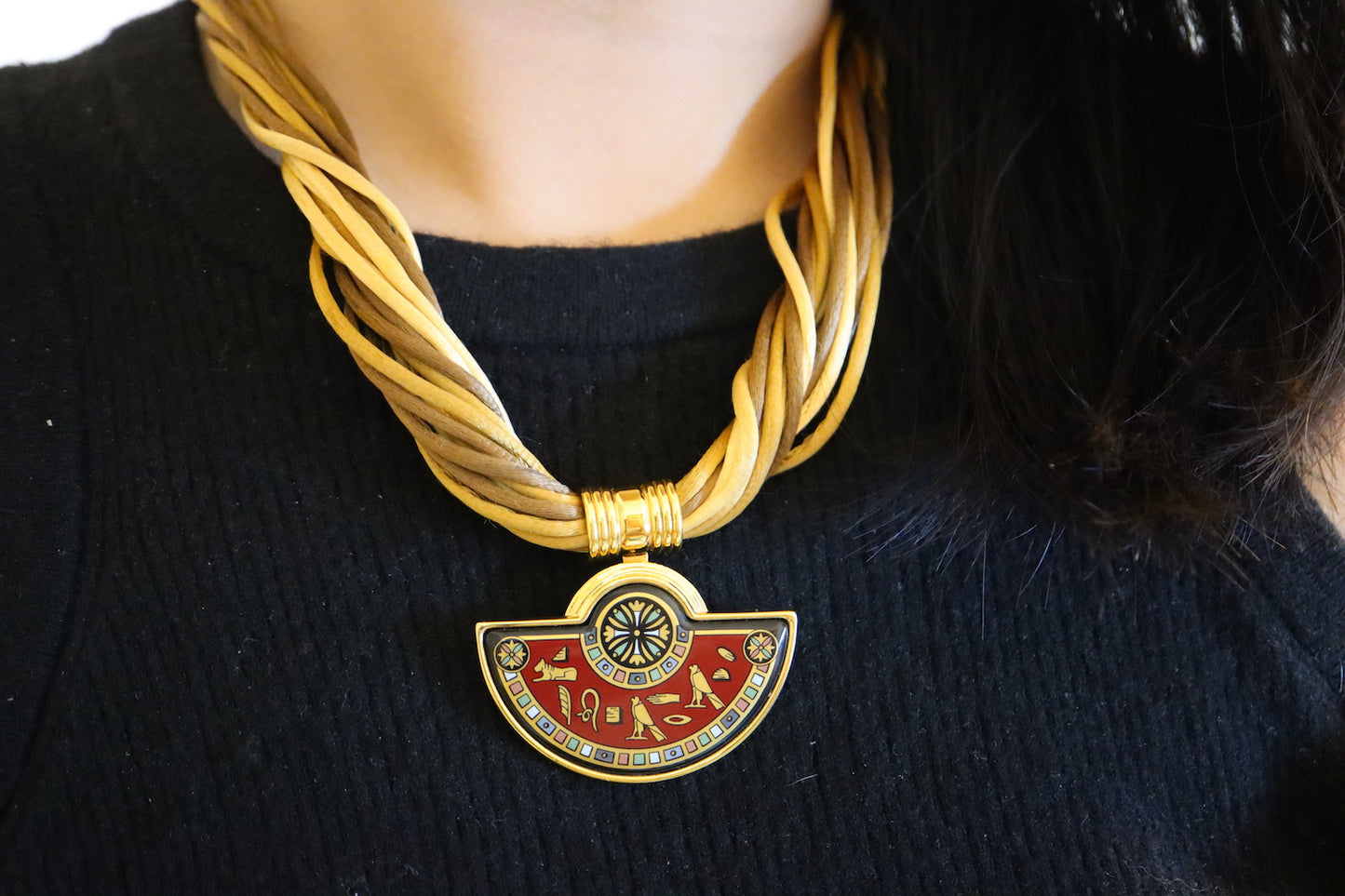 Vintage Michaela Frey Wille Egyptian hieroglyph enamel Burgundy Red Necklace