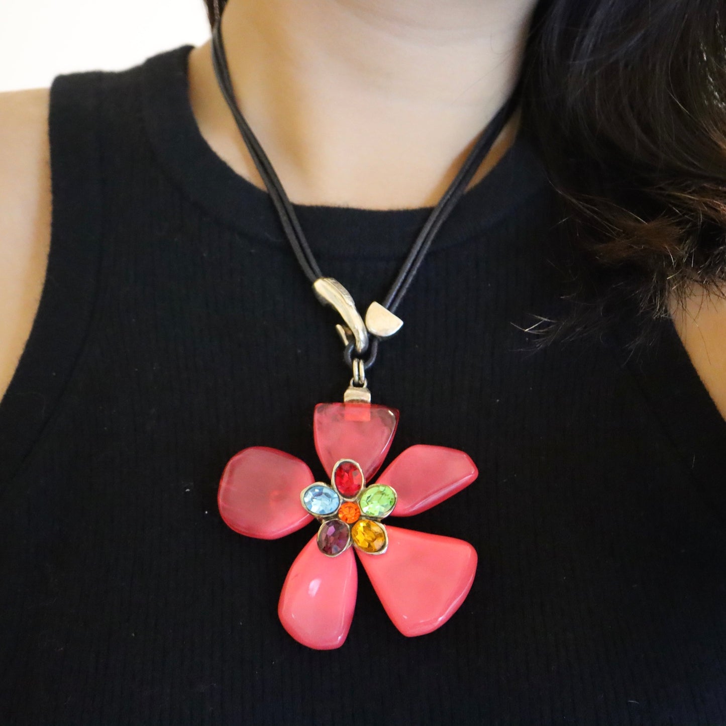 Vintage Dominique Denaive pink oversized flower leather necklace