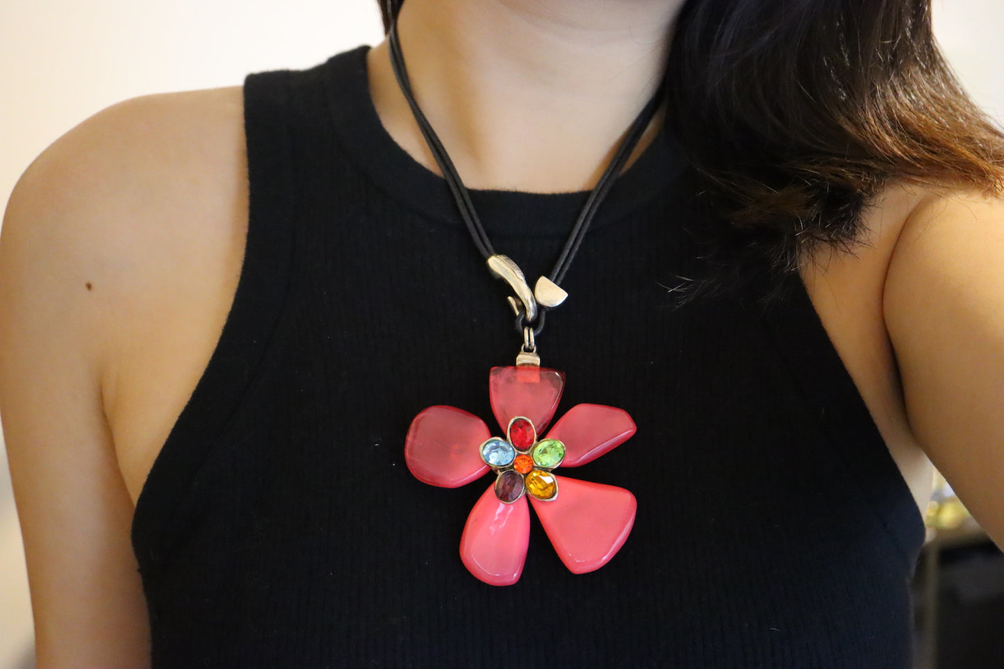 Vintage Dominique Denaive pink oversized flower leather necklace
