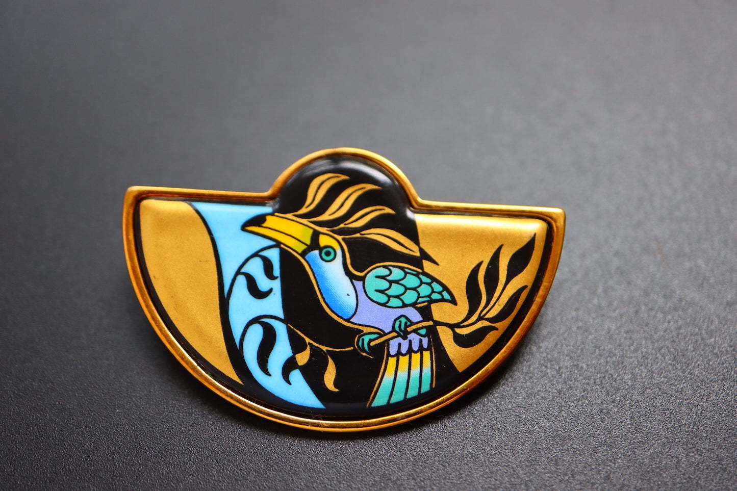 Vintage Michaela Frey Team Tropical woodpecker enamel brooch