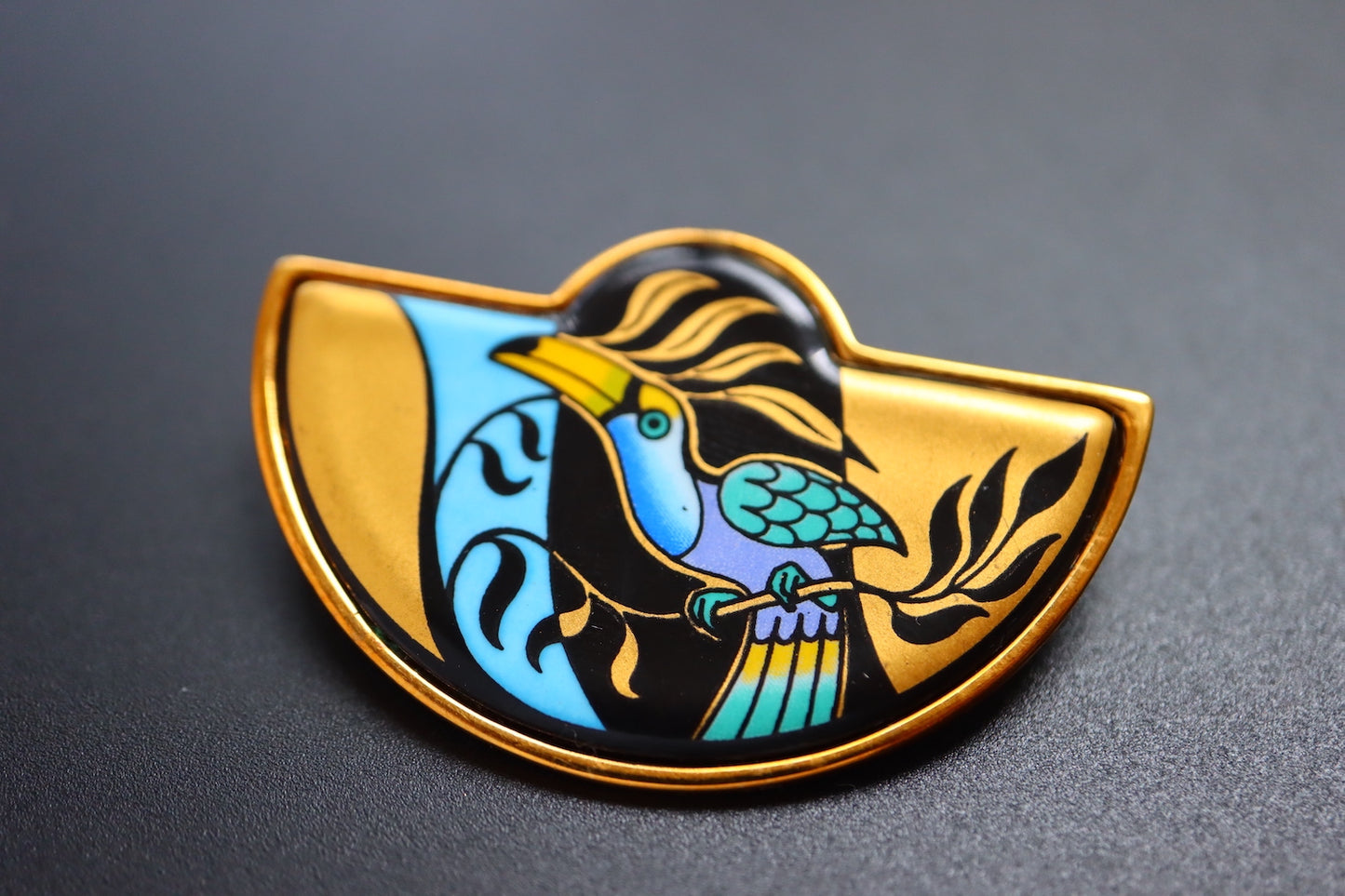 Vintage Michaela Frey Team Tropical woodpecker enamel brooch