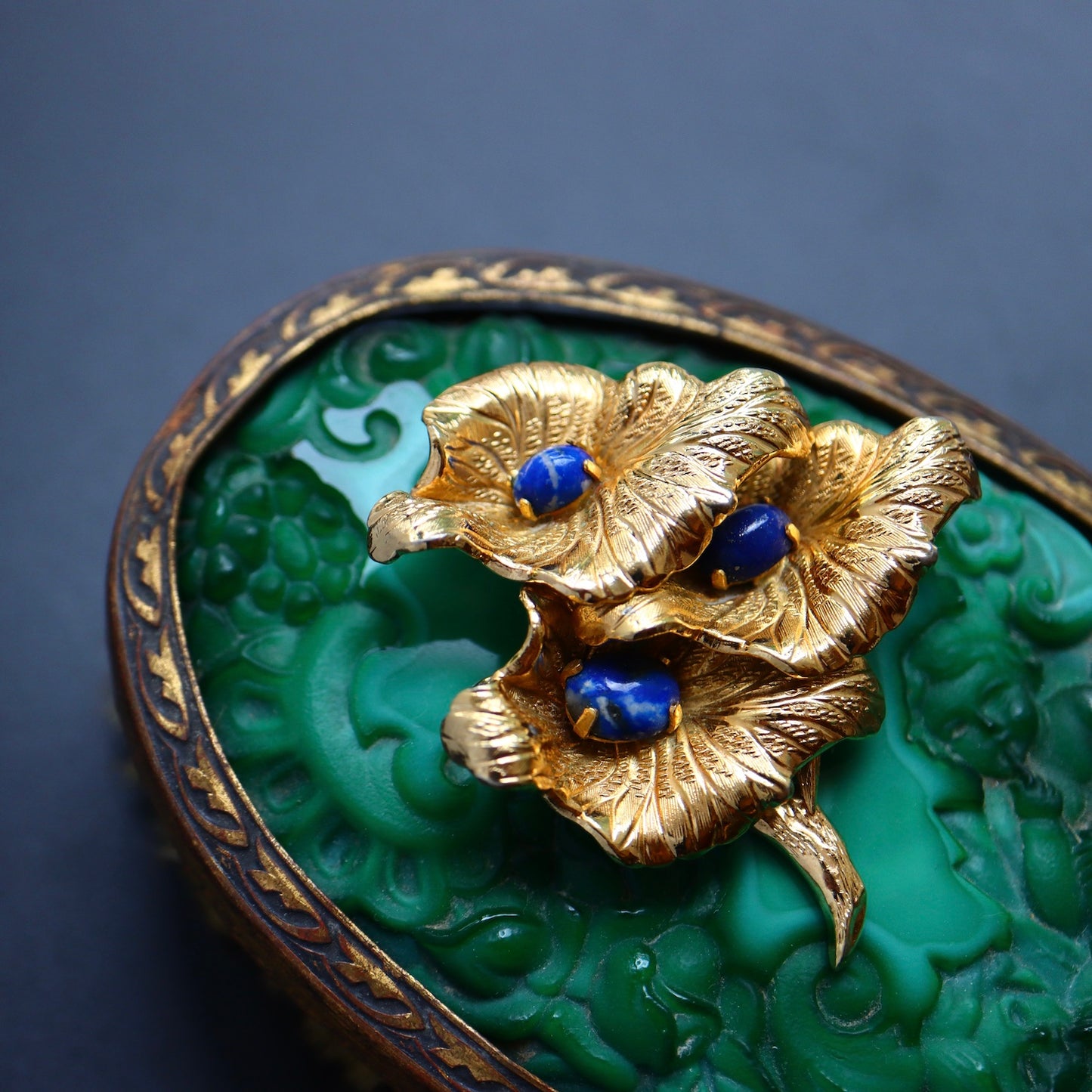 Vintage 1967 Henkel & Grossé lazuline blue glass cabochon leaves brooch