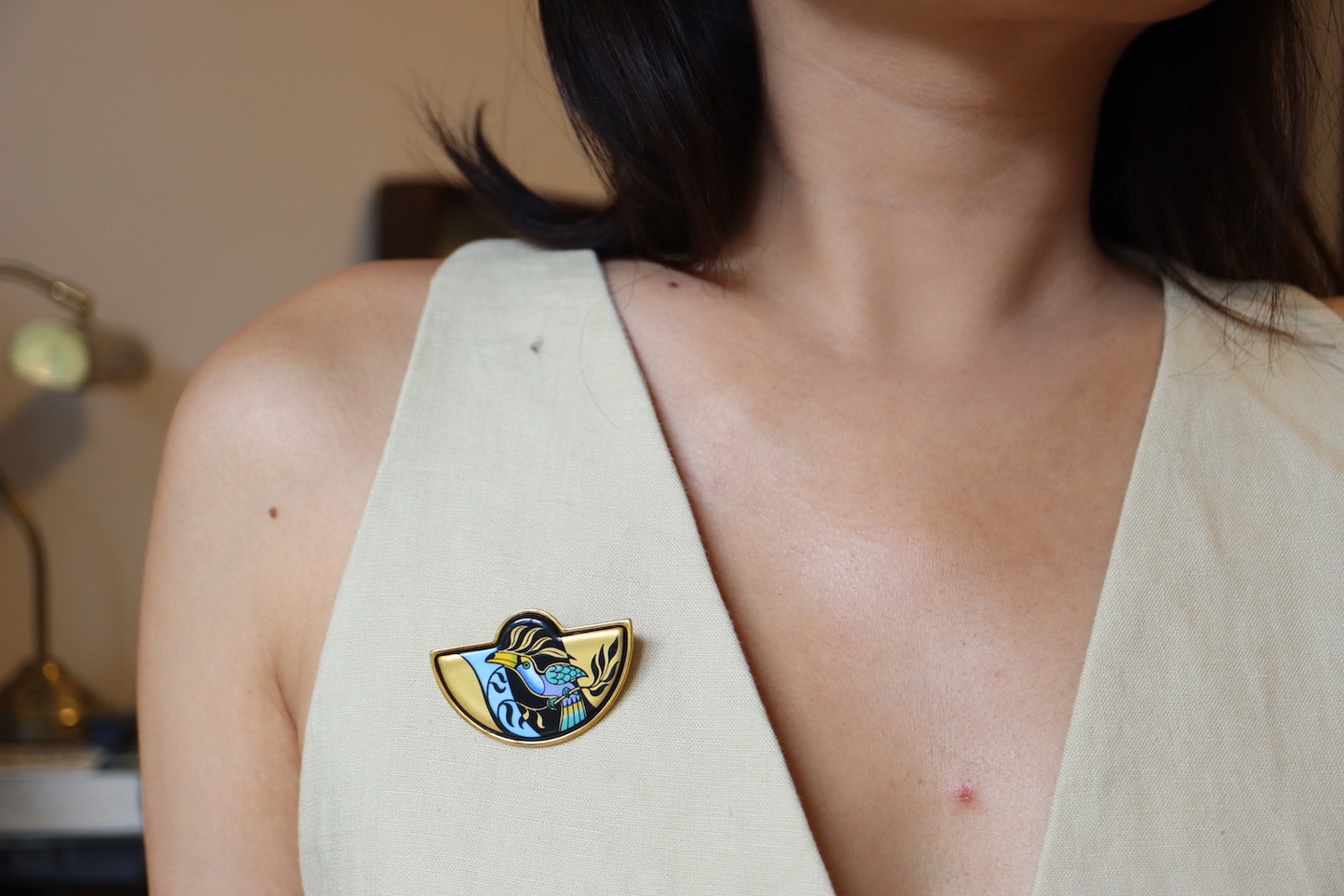 Vintage Michaela Frey Team Tropical woodpecker enamel brooch