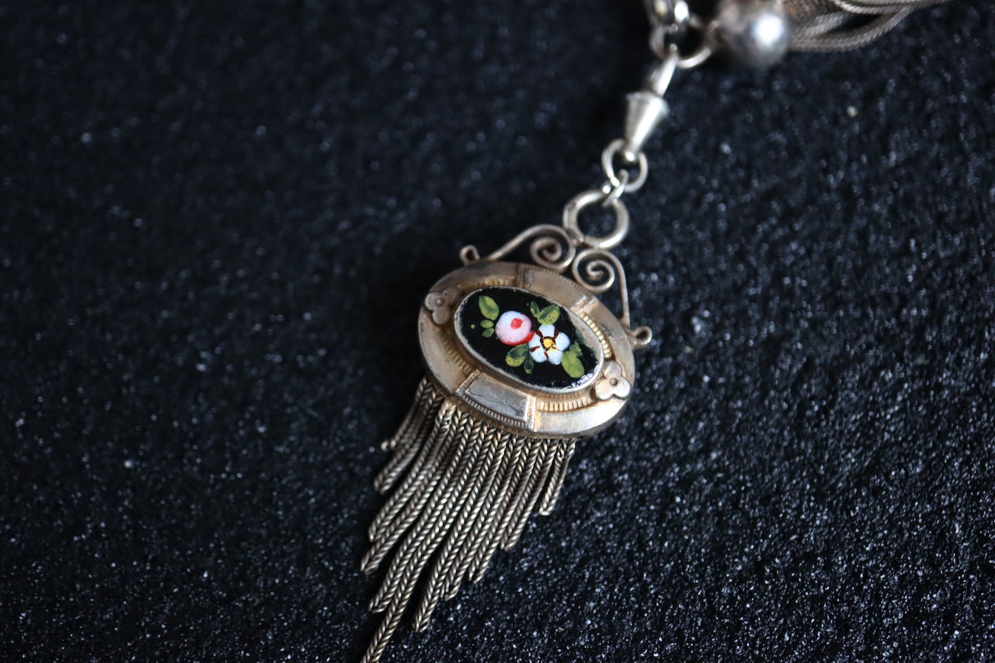 Remake Antique French Silver enamel Pocket watch chain and fob pearl necklace