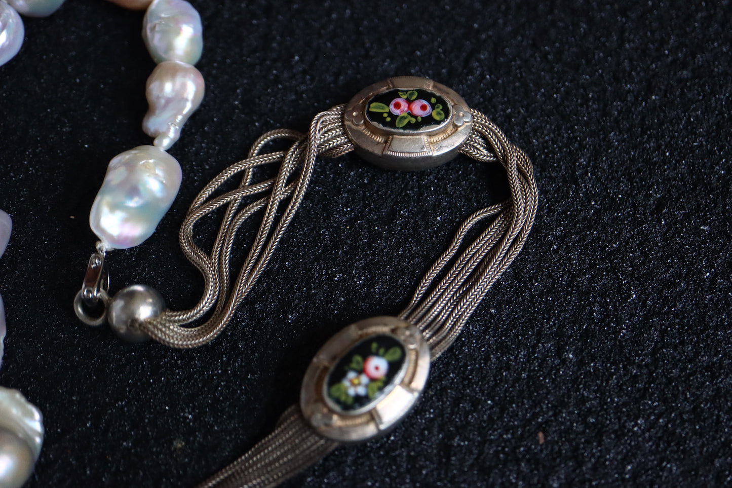 Remake Antique French Silver enamel Pocket watch chain and fob pearl necklace