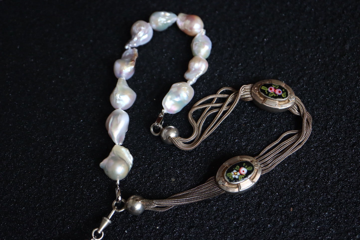 Remake Antique French Silver enamel Pocket watch chain and fob pearl necklace