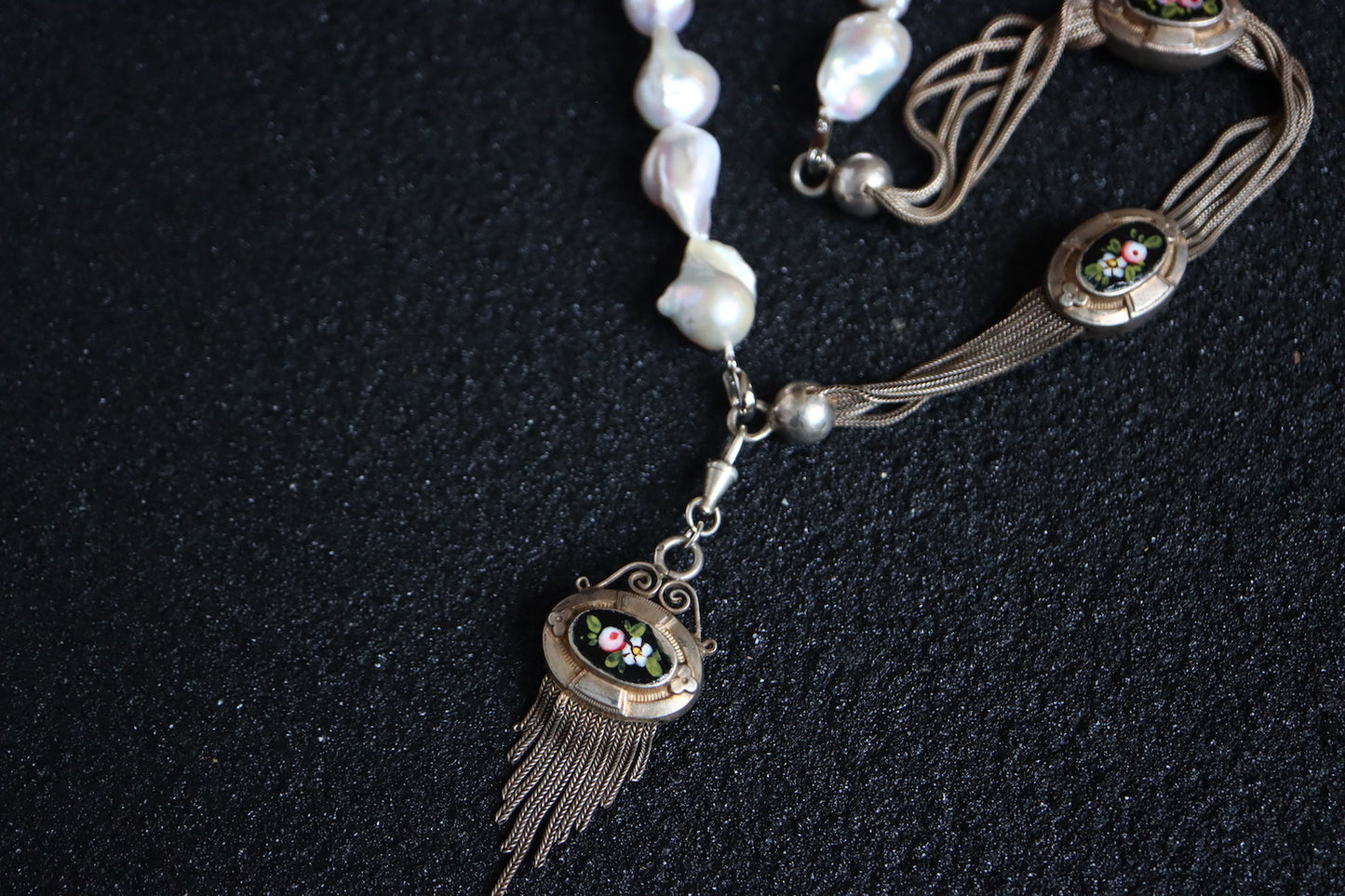 Remake Antique French Silver enamel Pocket watch chain and fob pearl necklace