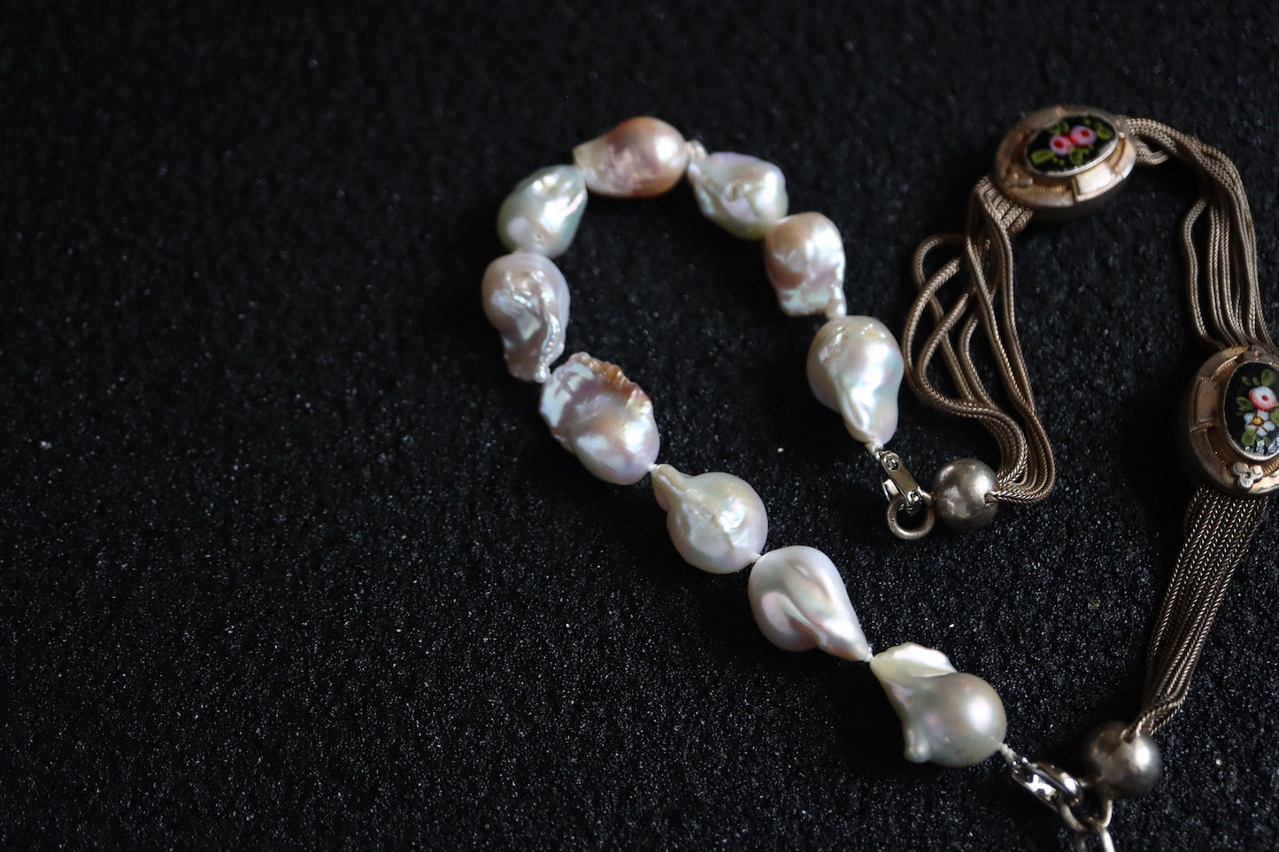 Remake Antique French Silver enamel Pocket watch chain and fob pearl necklace
