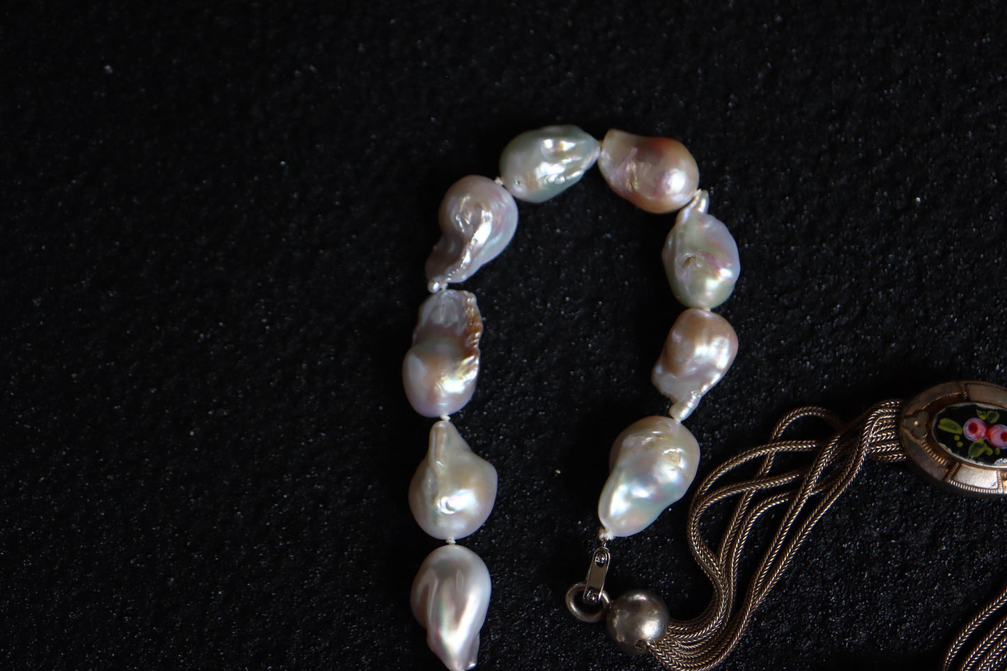 Remake Antique French Silver enamel Pocket watch chain and fob pearl necklace