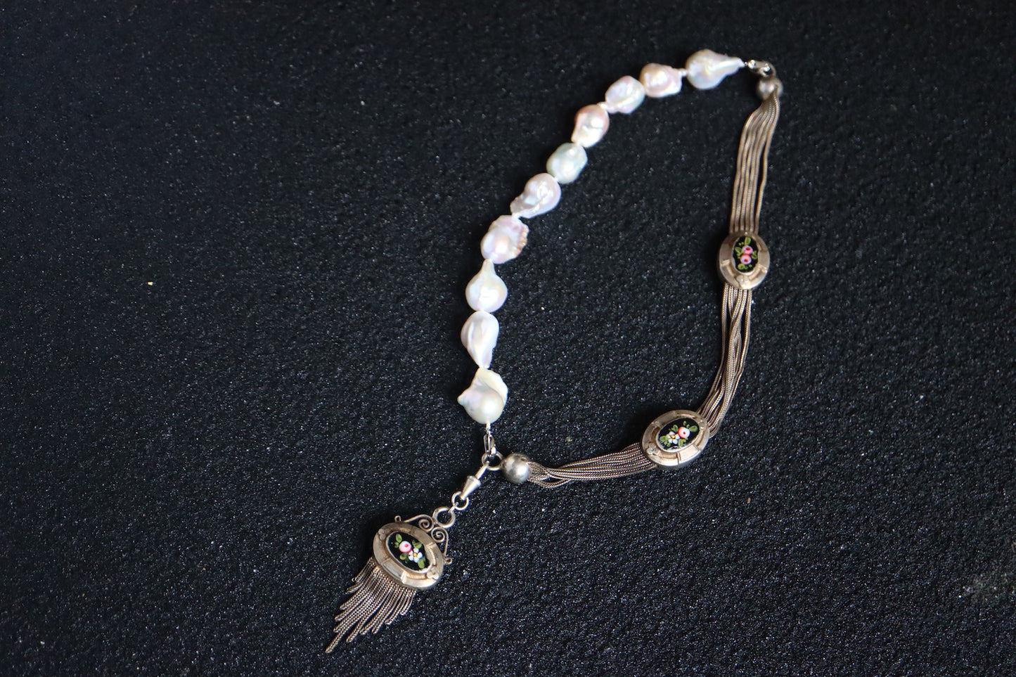 Remake Antique French Silver enamel Pocket watch chain and fob pearl necklace