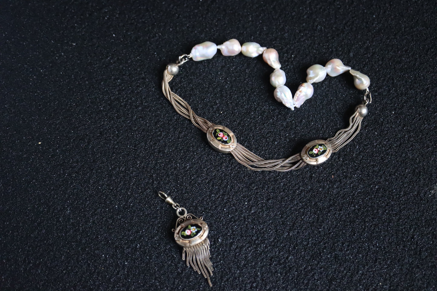 Remake Antique French Silver enamel Pocket watch chain and fob pearl necklace
