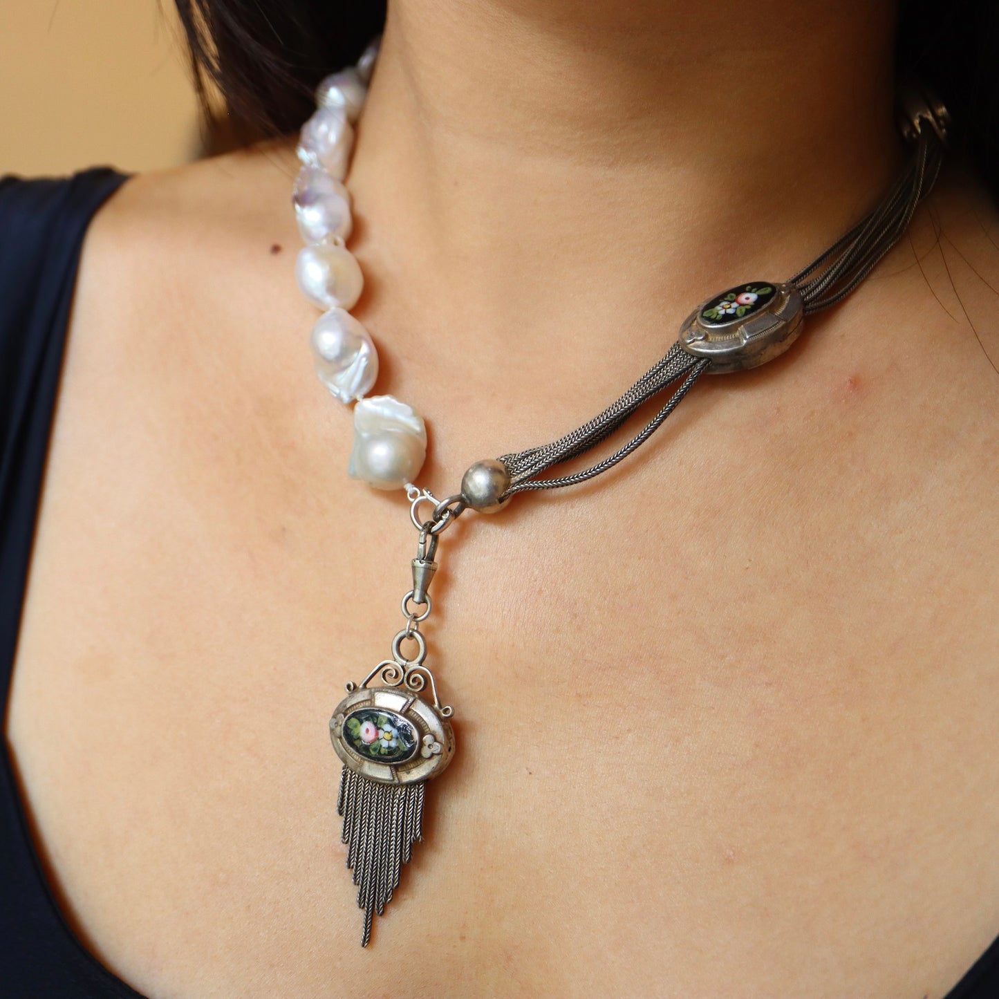 Remake Antique French Silver enamel Pocket watch chain and fob pearl necklace