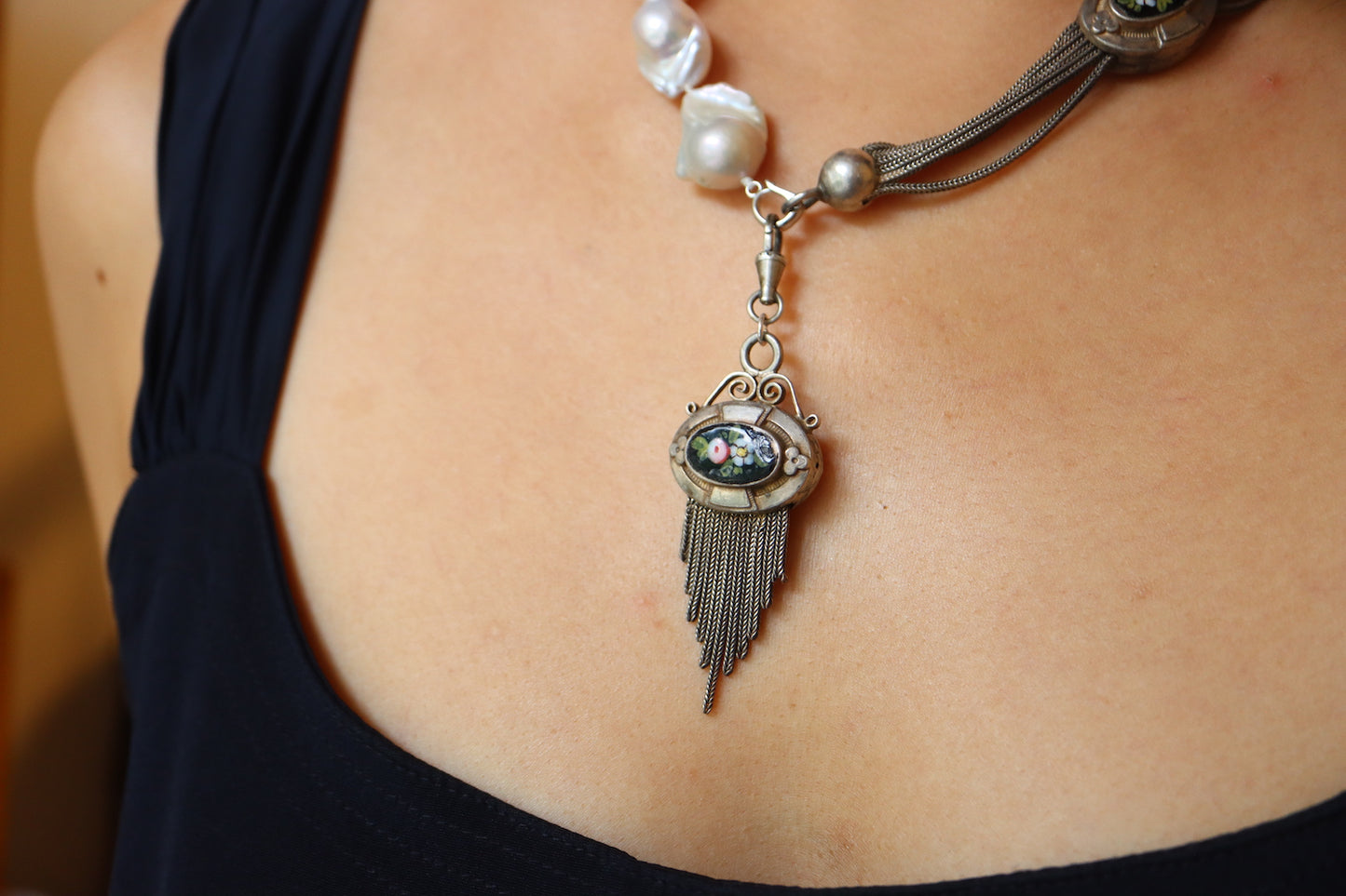 Remake Antique French Silver enamel Pocket watch chain and fob pearl necklace