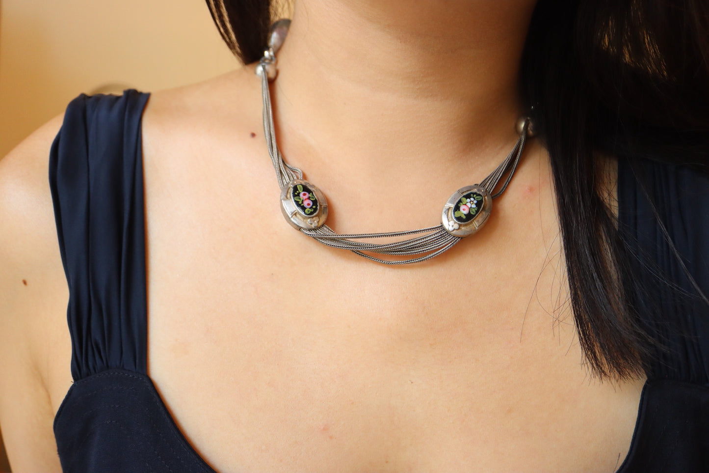 Remake Antique French Silver enamel Pocket watch chain and fob pearl necklace