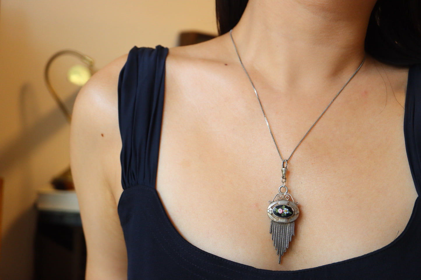 Remake Antique French Silver enamel Pocket watch chain and fob pearl necklace