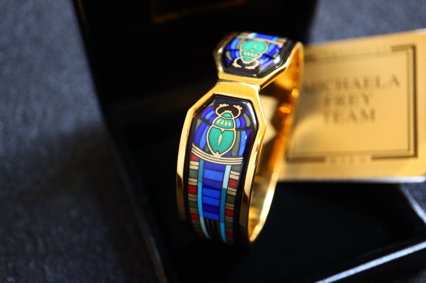 Vintage Michaela Frey Wien blue green Egypt scarab enamel bracelet