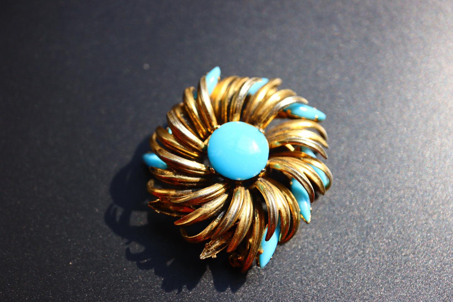 CHRISTIAN DIOR 1963 Germany gold tone turquoise cabochon flower brooch