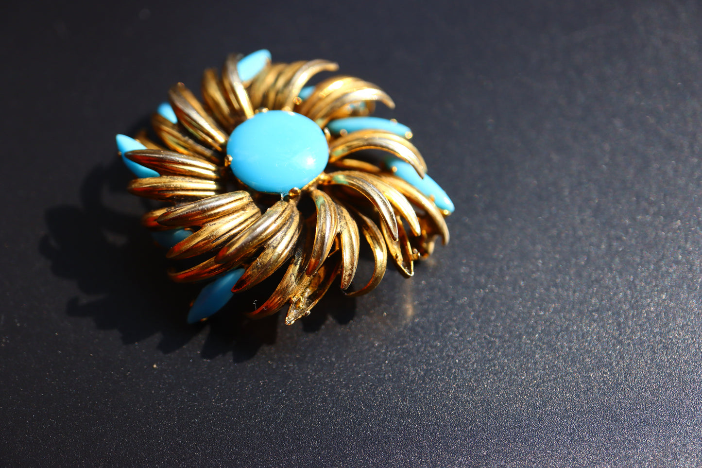 CHRISTIAN DIOR 1963 Germany gold tone turquoise cabochon flower brooch