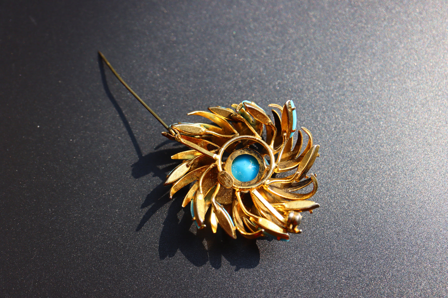 CHRISTIAN DIOR 1963 Germany gold tone turquoise cabochon flower brooch