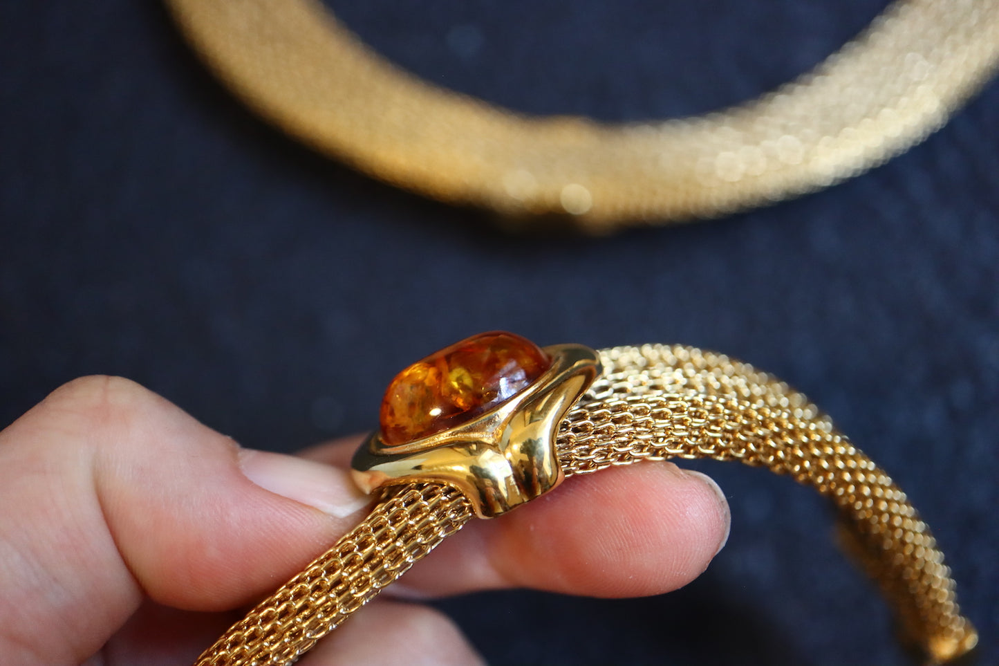 VINTAGE LANVIN Germany Woven Mesh Faux Amber Cabochon Necklace & Bracelet Set