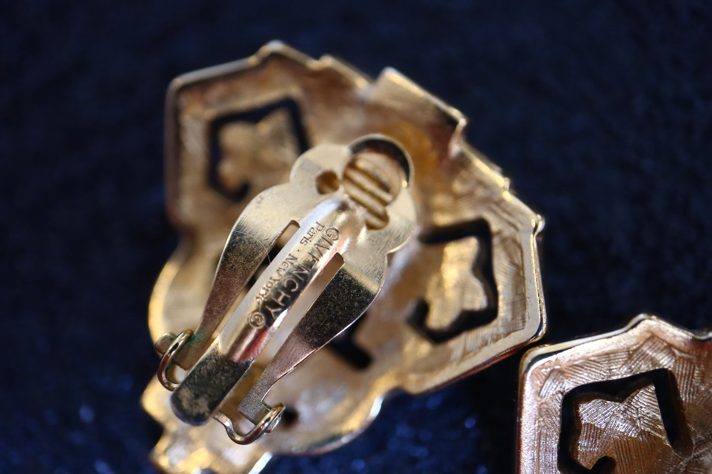Vintage Givenchy Art Deco rhinestone black and gold clip on earrings