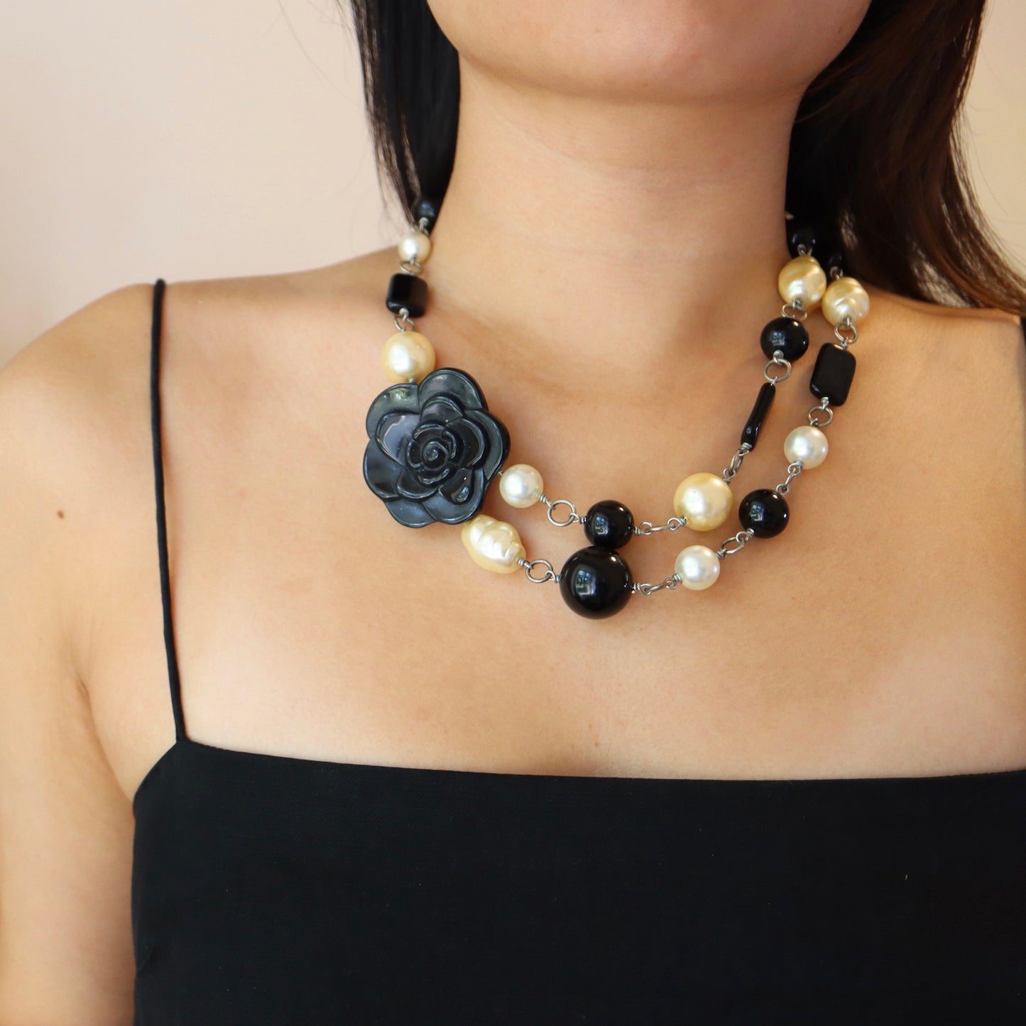 Vintage Philippe Ferrandis for Jaeger black and white camilla faux pearls necklace