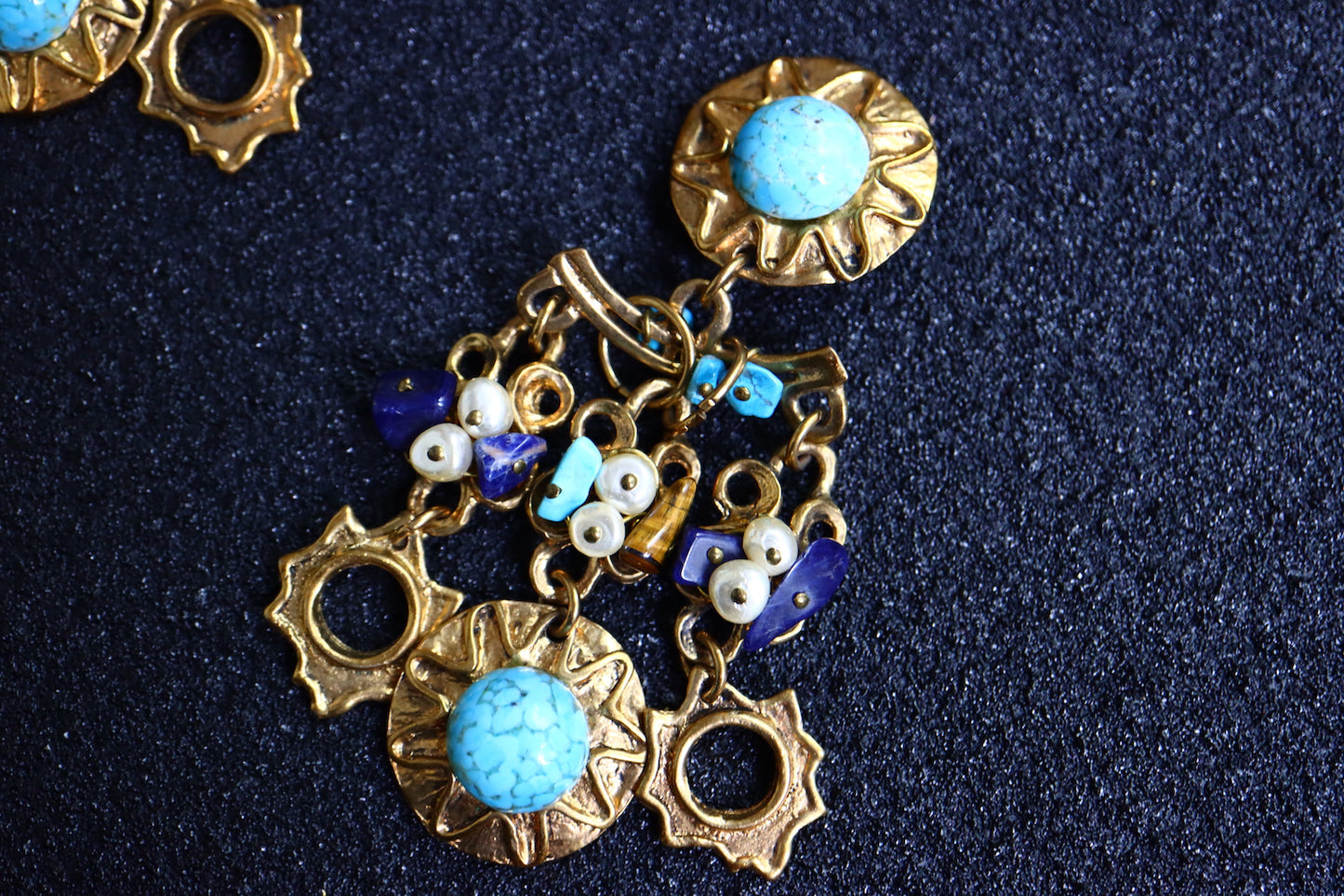Vintage oversized Blue Glass cabochon tassels beading earrings