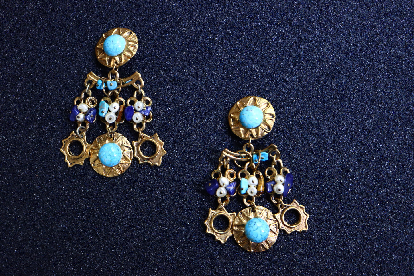 Vintage oversized Blue Glass cabochon tassels beading earrings