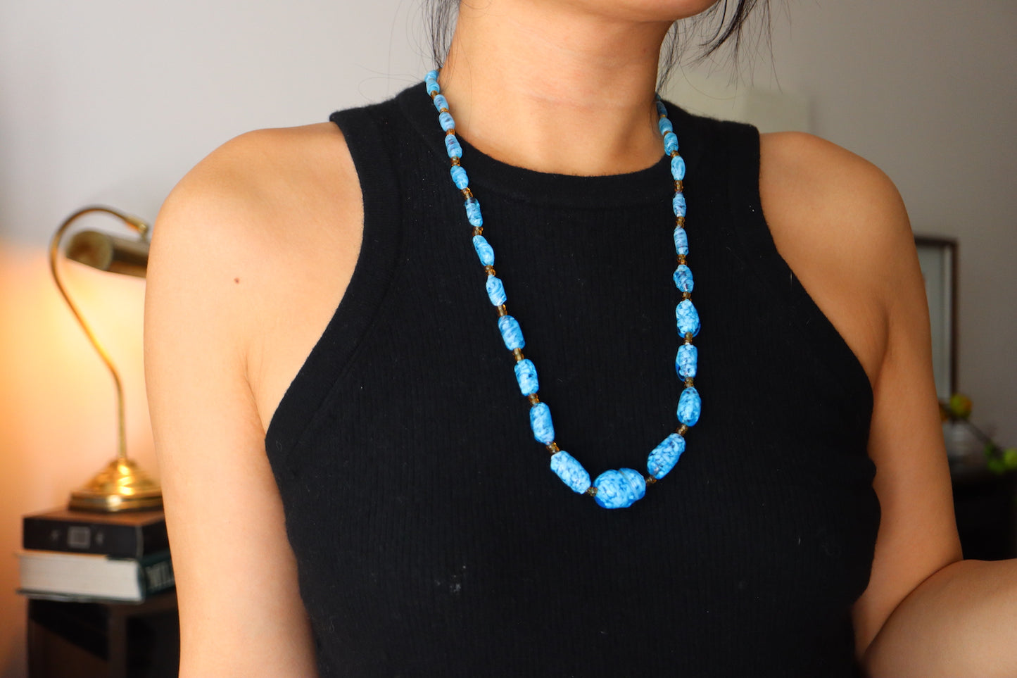 Vintage Murano handcrafted blue and white Lampwork glass bead necklace