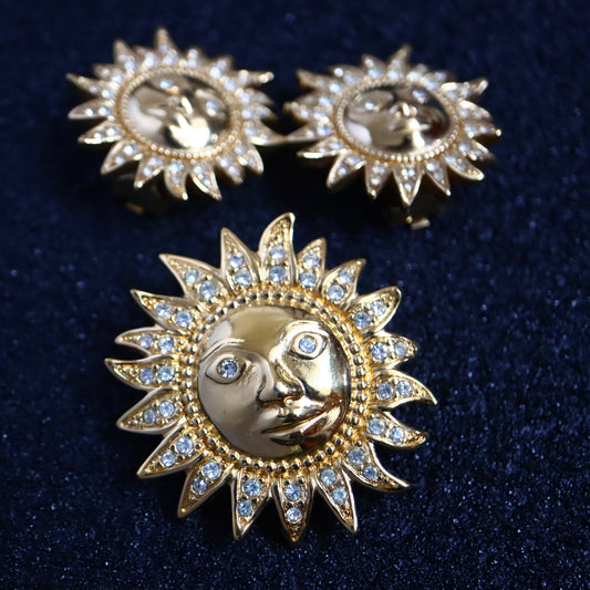 Vintage Henkel & Grossé Helios sun face brooch earrings pendant