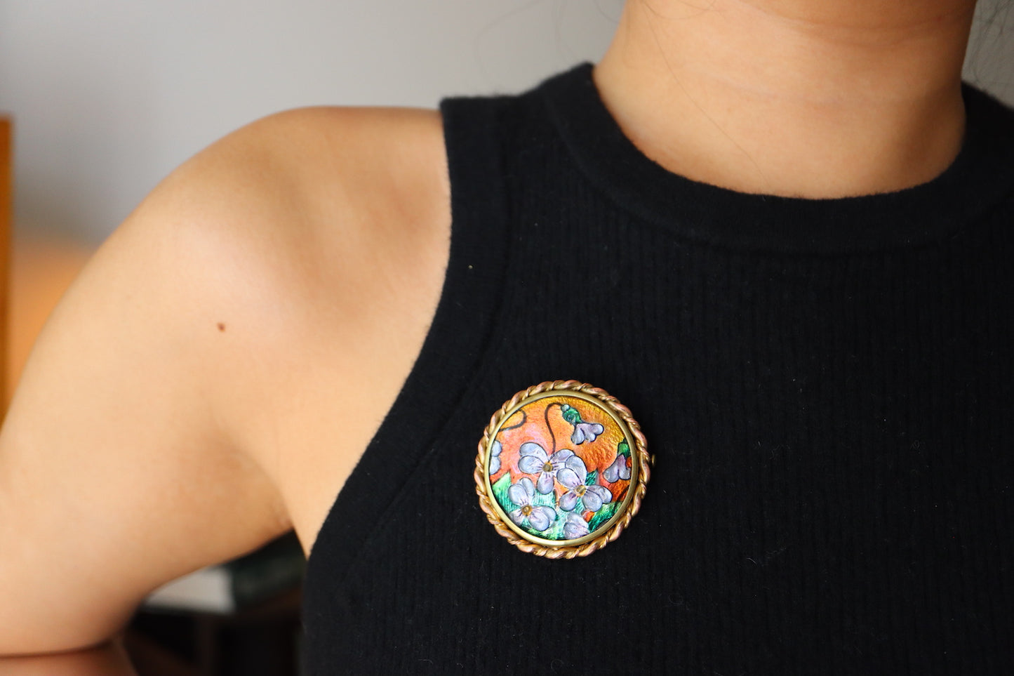 Vintage J.Brevers handcrafted butterfly pea Flower enamel brooch