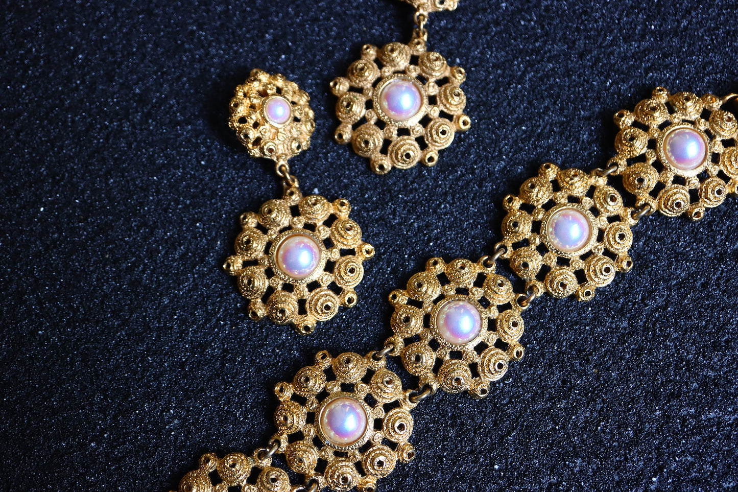 Vintage Rochas faux Pearl gold tone flower long earrings bracelet set