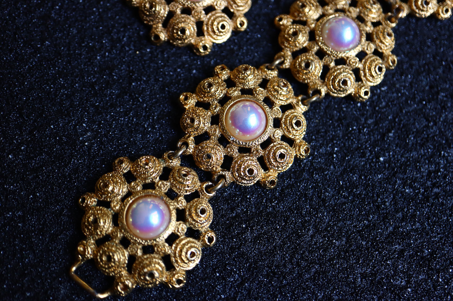 Vintage Rochas faux Pearl gold tone flower long earrings bracelet set