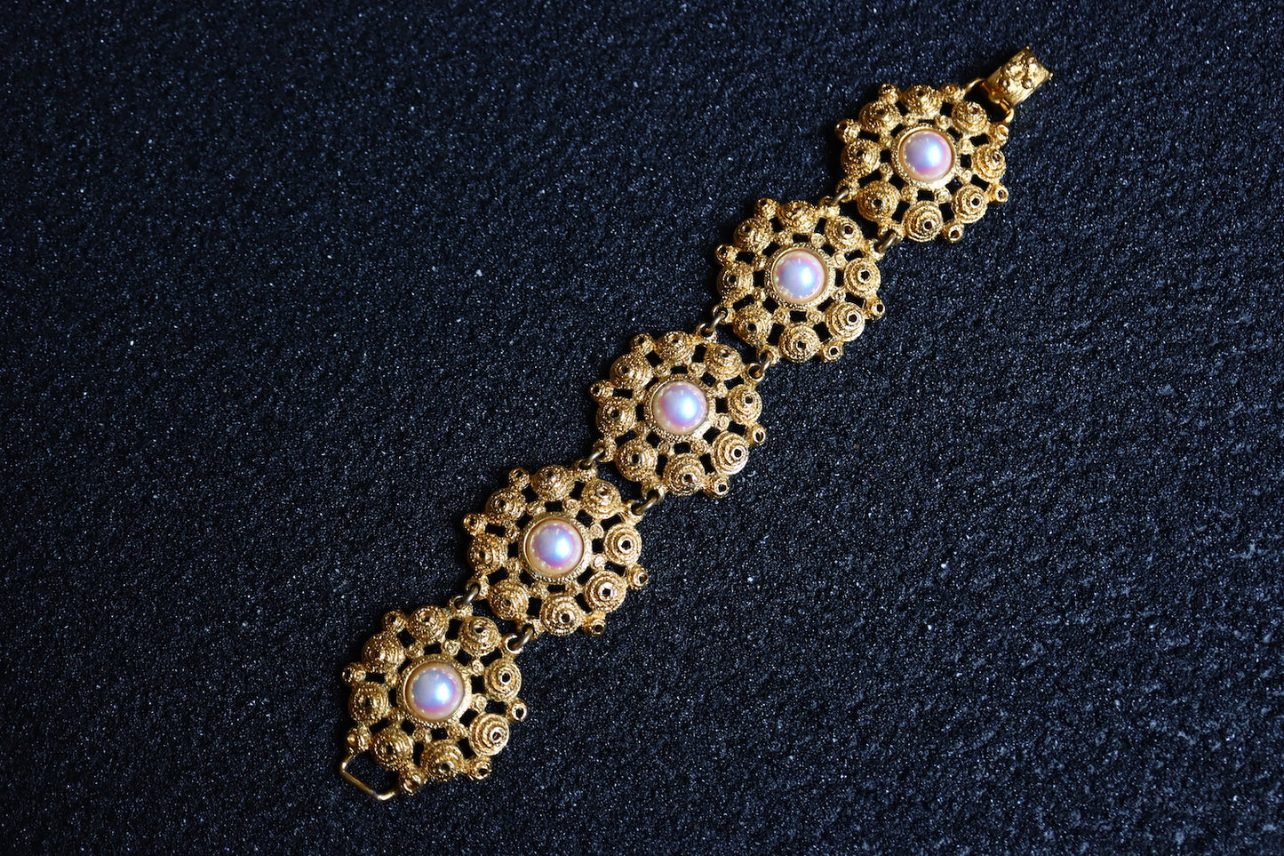 Vintage Rochas faux Pearl gold tone flower long earrings bracelet set