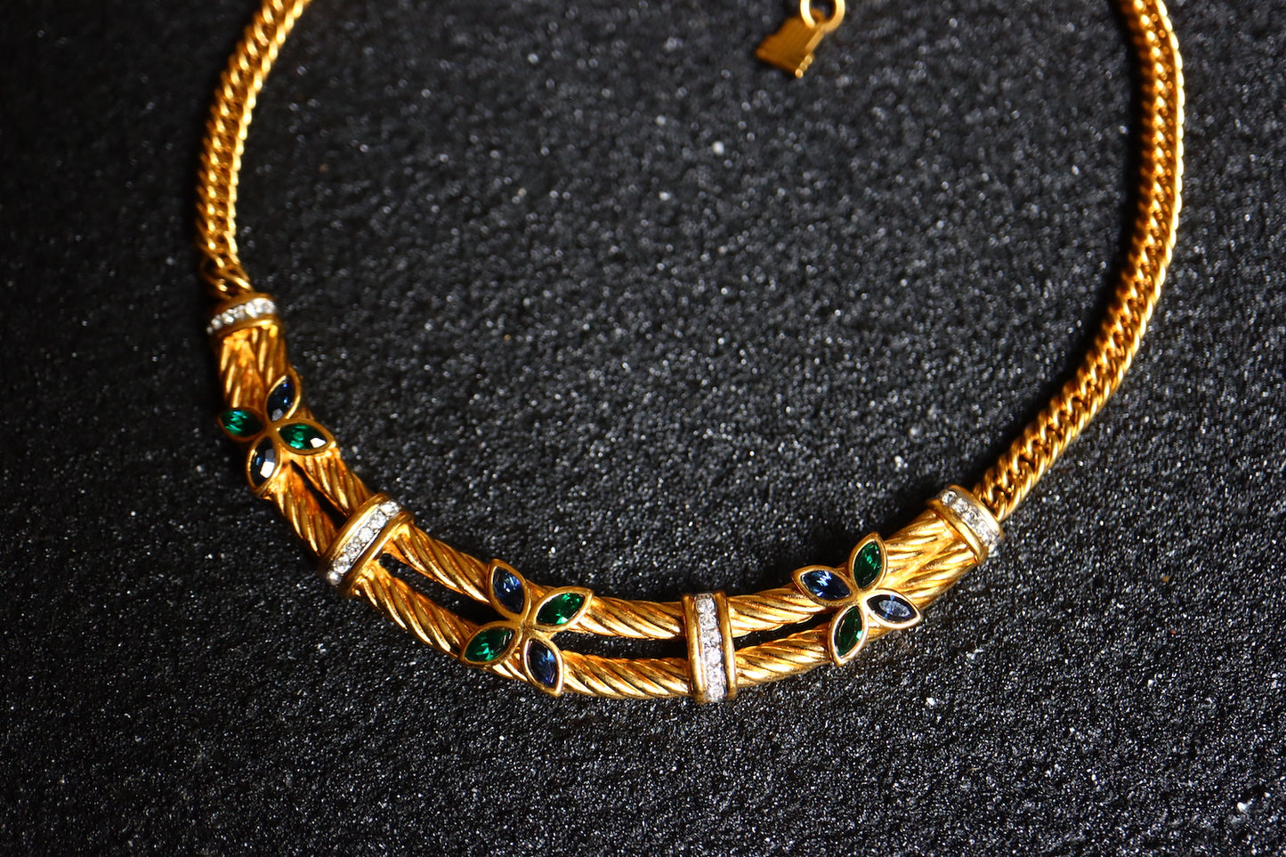 Vintage Lanvin blue green clover rope collar gold tone necklace