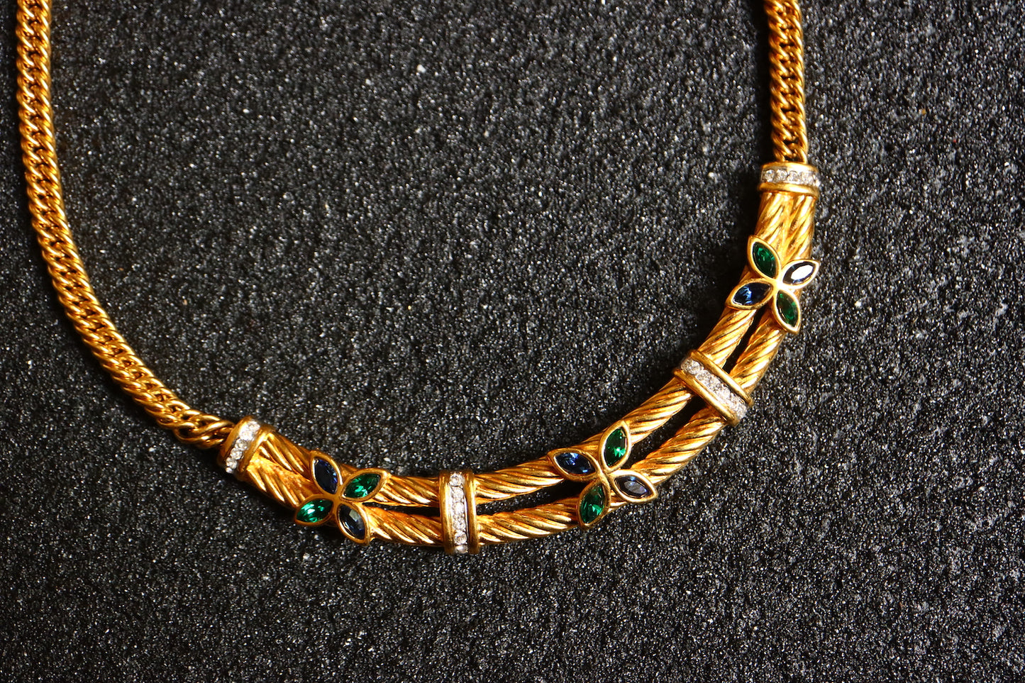 Vintage Lanvin blue green clover rope collar gold tone necklace