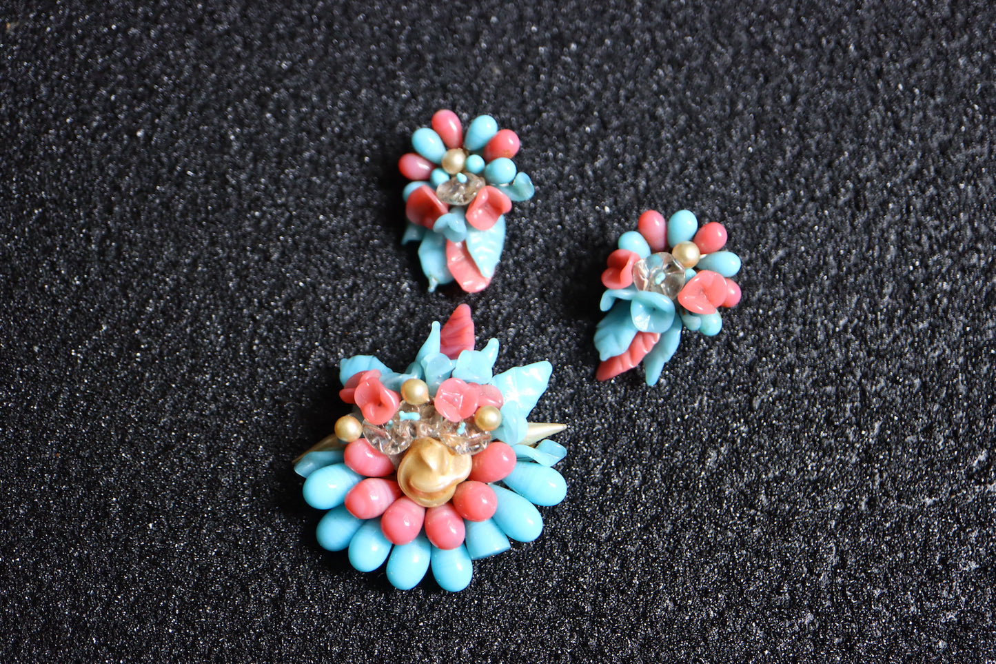 Vintage Louis Rousselet hand-crafted Glass blue and pink bouquet brooch earrings set