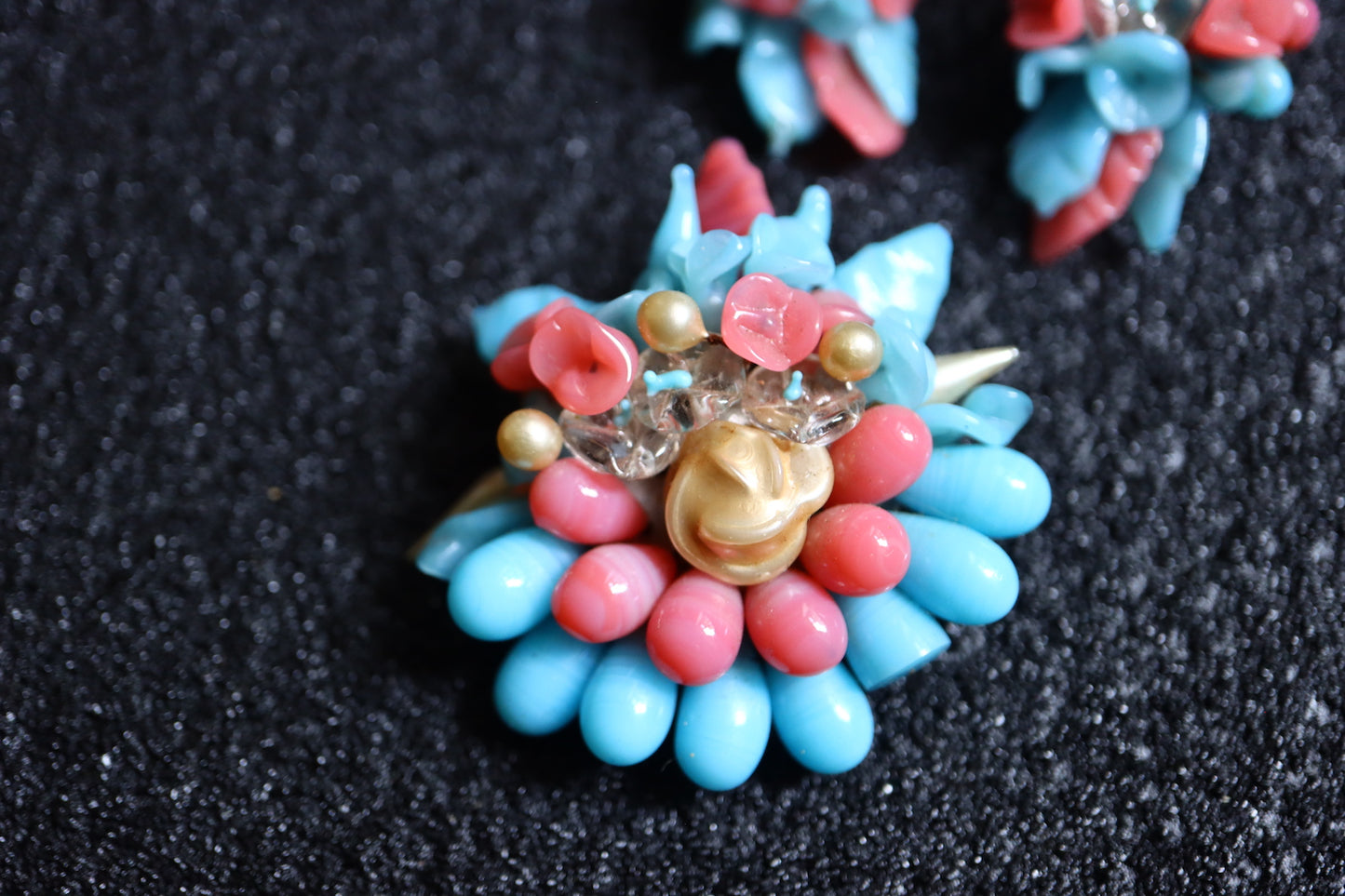 Vintage Louis Rousselet hand-crafted Glass blue and pink bouquet brooch earrings set