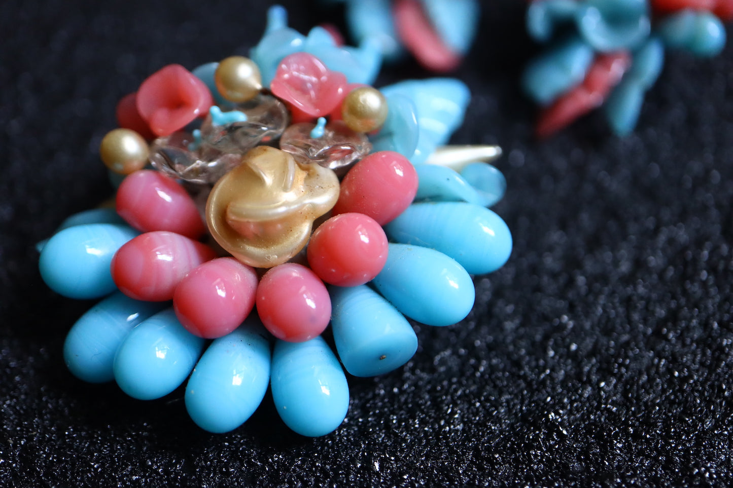 Vintage Louis Rousselet hand-crafted Glass blue and pink bouquet brooch earrings set
