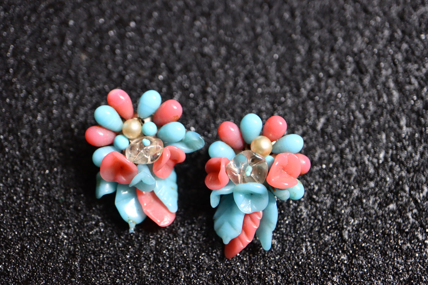 Vintage Louis Rousselet hand-crafted Glass blue and pink bouquet brooch earrings set